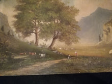 Charger l&#39;image dans la galerie, Paysage animé huile sur carton XIXème, signature à identifier. Probablement école lyonnaise.
