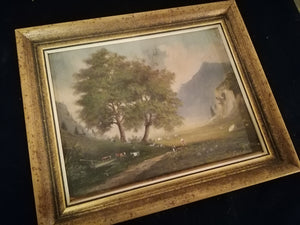 Paysage animé huile sur carton XIXème, signature à identifier. Probablement école lyonnaise.