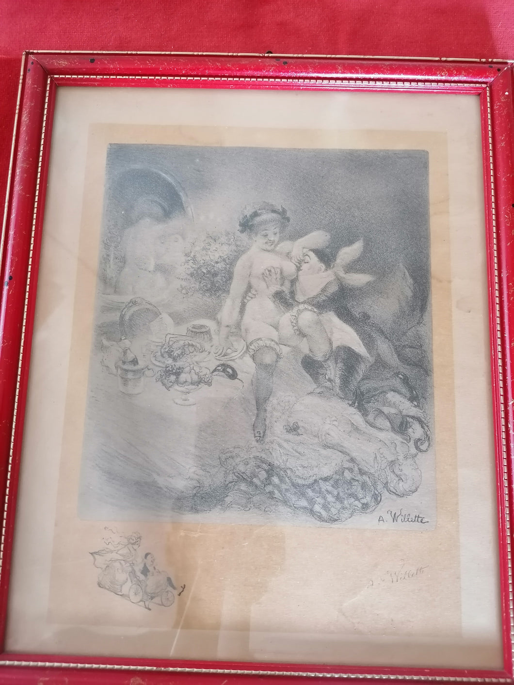 Léon Wilette lithographie caricature érotique avec cadre rouge
