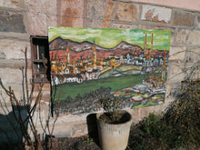Charger l&#39;image dans la galerie, Ville de Bâle huile sur carton grand format, peint dans les années 70 par un peintre genevois amateur et sa femme. 
