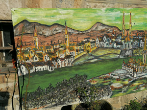 Ville de Bâle huile sur carton grand format, peint dans les années 70 par un peintre genevois amateur et sa femme. 