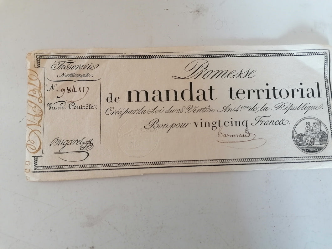 Promesse de mandat territorial 25 francs l'an 4 de la république. État sup