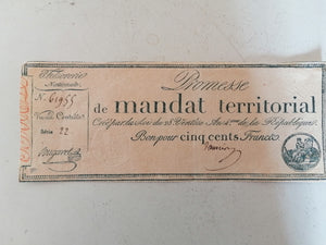 France, Promesse de mandat territorial, Bon de 500 Francs, ttb l'an 4 de la république 