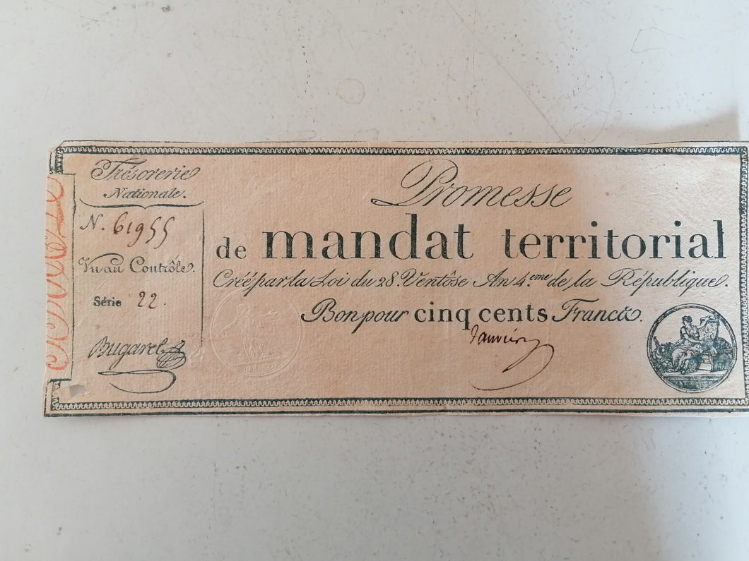 France, Promesse de mandat territorial, Bon de 500 Francs, ttb l'an 4 de la république 